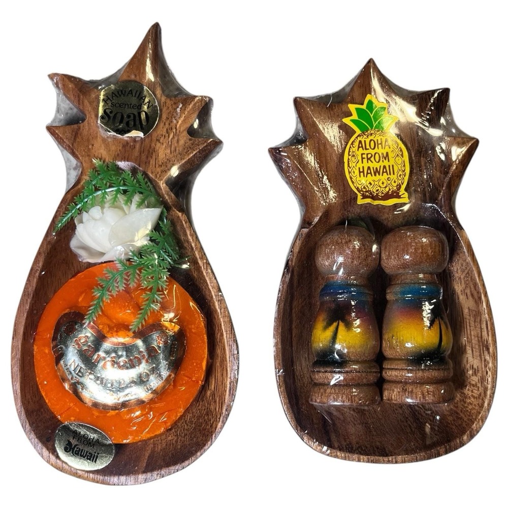 Souvenir Hawaiian Wood Tray Scented Gardenia Soap + Salt /Pepper Sealed Vntg